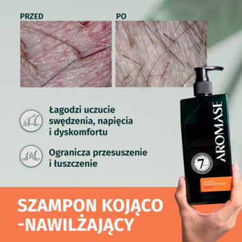 AROMASE szampon kojący do suchej skóry głowy. Butelka z pompką i zdjęcia przed/po redukcji swędzenia i łuszczenia.
