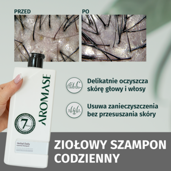 AROMASE ziołowy szampon codzienny, biała butelka z boku, oraz porównanie PRZED/PO oczyszczonej skóry głowy.