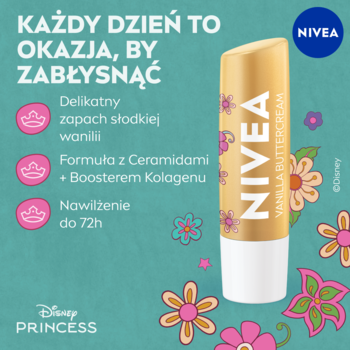 NIVEA Vanilla Buttercream pomadka ochronna w sztyfcie, złoto-żółta z wzorem kwiatów, Disney Princess, nawilża 72h.