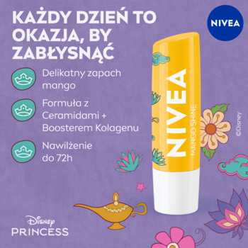 Żółta pomadka NIVEA Mango Shine Disney Princess, nawilżająca do 72h, na tle fioletowych wzorów z bajek.