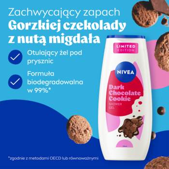 Nivea Dark Chocolate Cookie żel pod prysznic, biała butelka, niebieskie tło, cookies, zapach gorzkiej czekolady i migdała.