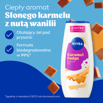 Nivea Caramel Fudge Shower Gel, biała butelka z fioletową etykietą, ciepły aromat słonego karmelu z wanilią, widok z przodu.