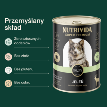 Nutrivida Super Premium karma dla psów z jeleniem, puszka z napisem 96.3% i kluczowymi cechami: bez zbóż, glutenu.