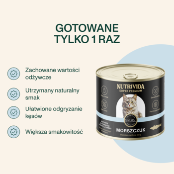 Puszka karmy Nutrivida dla kotów z morszczukiem i tekstem: 'Gotowane tylko 1 raz', obok lista zalet.