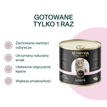 Karma Nutrivida Super Premium Łosoś dla kota, puszka na czarnym tle z tekstem: 'GOTOWANE TYLKO 1 RAZ'.