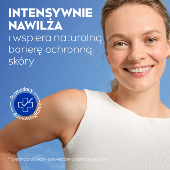 Uśmiechnięta kobieta, reklama NIVEA. Tekst: 'INTENSYWNIE NAWILŻA i wspiera barierę ochronną skóry'. Dermatologicznie potwierdzono.