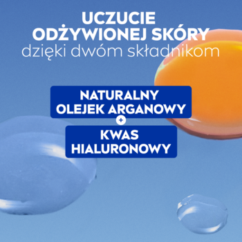 Grafika: Uczucie odżywionej skóry z naturalnym olejkiem arganowym i kwasem hialuronowym. Krople pomarańczowej i niebieskiej cieczy.