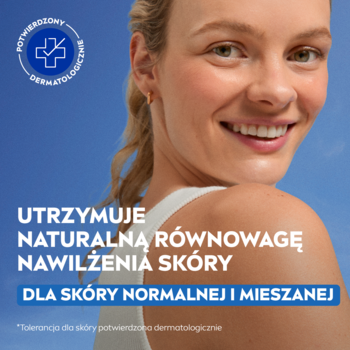 NIVEA Odświeżający żel do mycia twarzy. Kobieta z cerą normalną, tekst o nawilżeniu. Logo potwierdza dermatologicznie.