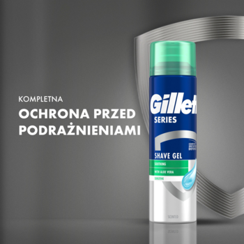 Gillette Series żel do golenia z aloesem, niebiesko-zielona puszka, napis o ochronie przed podrażnieniami.