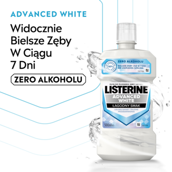Listerine Advanced White Zero Alkoholu płyn do ust, biała butelka z niebieską etykietą, obiecuje bielsze zęby w 7 dni.