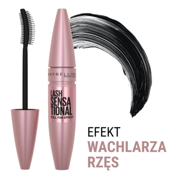 Maybelline Lash Sensational mascara w różowej tubce, ze szczoteczką i czarnym swatche, z efektem wachlarza rzęs.