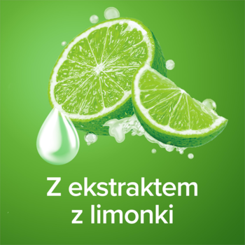 Grafika: Zielona limonka z kroplą ekstraktu, ćwiartka, biały napis 'Z ekstraktem z limonki', mydło w płynie.