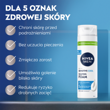 NIVEA MEN Sensitive Cool pianka do golenia w białej puszce, z listą 5 korzyści dla zdrowej skóry.