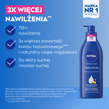 NIVEA Odżywcze Mleczko do ciała w ciemnoniebieskiej butelce z pompką, do skóry suchej, z kwasem hialuronowym. Widok z przodu.