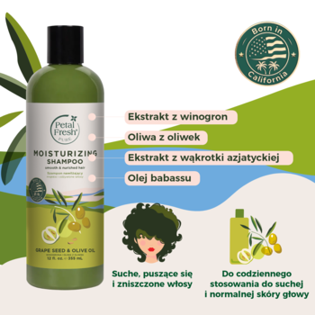 Zielony szampon nawilżający Petal Fresh Pure z oliwą z oliwek i winogronami, widok z przodu z grafikami składników.