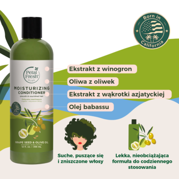 Zielona butelka odżywki Petal Fresh, infografika z oliwą, winogronem i babassu na zielonym tle, widok z przodu.