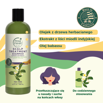 Petal Fresh Pure Szampon do skóry głowy z olejkiem Tea Tree, zielona butelka, widok z przodu.
