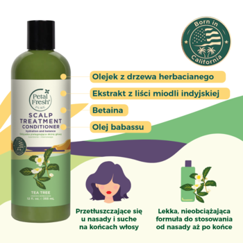 Zielona odżywka Petal Fresh Tea Tree, widok z przodu, dla włosów przetłuszczających się, z olejkiem herbacianym.
