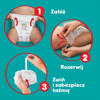 Instrukcja użycia pieluchomajtek Pampers Pants w 3 krokach na turkusowym tle: zakładanie, zdejmowanie, zwijanie i zabezpieczanie.