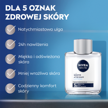 NIVEA MEN Sensitive After Shave Lotion, biała butelka, widok z przodu, z 5 oznakami zdrowej skóry.