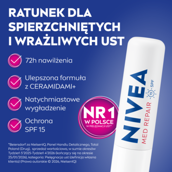 Biała pomadka NIVEA Med Repair SPF 15, widok pod kątem, na niebieskim tle z tekstem o 72h nawilżenia.