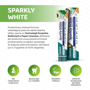 Dwie tubki wybielającej pasty Sparkly White Himalaya z enzymami roślinnymi, na zielono-białym tle z tekstem i ikonami.