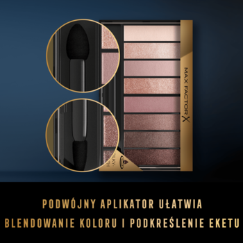 Paletka Max Factor Nude 03 Rose Nudes. Zbliżenie na cienie i dwustronny aplikator ułatwiający blendowanie.