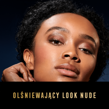 Ciemnoskóra kobieta z naturalnym makijażem nude z palety Max Factor Masterpiece Nude Palette, spojrzenie w bok.