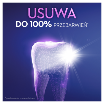 Blend-a-med 3DWhite Luxe Perfection: grafika fioletowego, rozświetlonego zęba z napisem Usuwa do 100% przebarwień.
