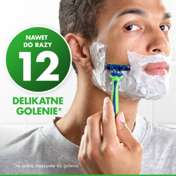 Ujęcie mężczyzny golącego twarz zielono-niebieską maszynką Gillette Blue3, z pianą. Widoczna grafika '12'.