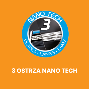 Grafika promocyjna BIC Flex 3: okrągłe logo z napisem '3 OSTRZA NANO TECH' na pomarańczowym tle.