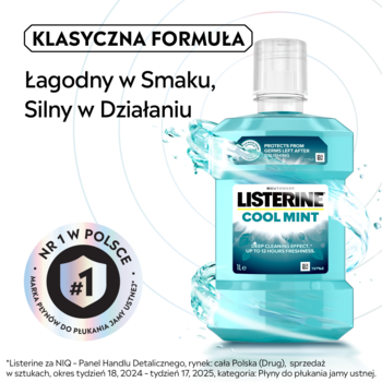 Niebiesko-zielona butelka Listerine Cool Mint płynu do płukania ust, widok z przodu, z napisem „Nr 1 w Polsce”.