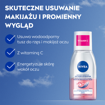 NIVEA płyn dwufazowy do demakijażu oczu z witaminą C, usuwa wodoodporny tusz. Różowo-przezroczysta butelka na tle nieba.