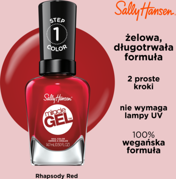 Lakier Sally Hansen Miracle Gel Rhapsody Red, butelka ciemnoczerwonego lakieru z czarną nakrętką 'STEP 1'.