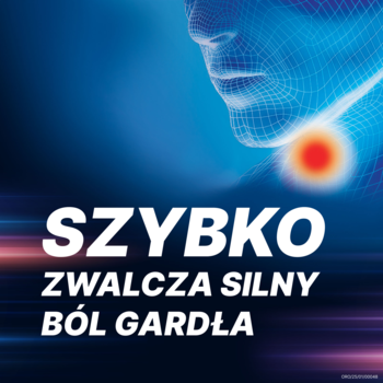 Orofar Max, grafika: niebieska głowa z siatki, czerwone podświetlenie gardła, napis 'SZYBKO ZWALCZA SILNY BÓL GARDŁA'.