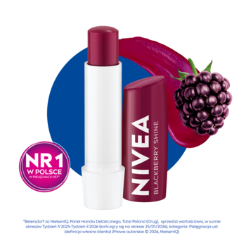 NIVEA Blackberry Shine pomadka koloryzująca, biały sztyft, fioletowa nakrętka, jeżyny, niebieskie tło, wyróżnienie 'Nr 1'.