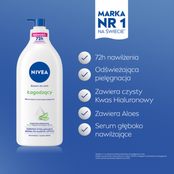 NIVEA Łagodzący balsam do ciała 72h z aloesem i kwasem hialuronowym, biała butelka z pompką, widok z przodu.