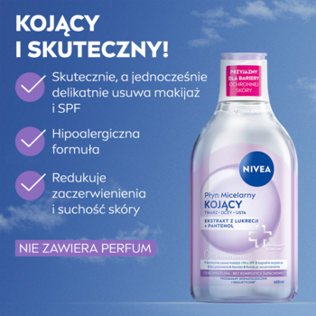 NIVEA Kojący płyn micelarny do wrażliwej skóry, przezroczysta butelka z fioletową etykietą, widok z przodu.