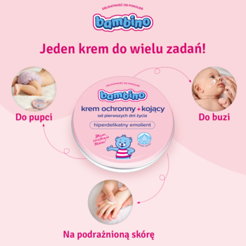 Bambino krem ochronny i kojący w różowym słoiczku, z ilustracjami zastosowania na pupę, buzię i podrażnienia u niemowląt.