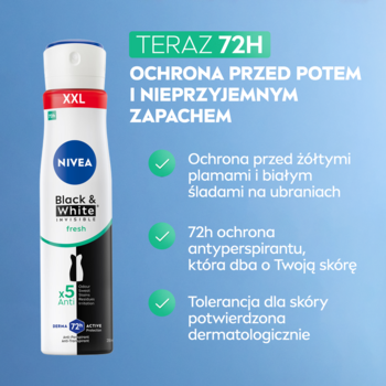 NIVEA Black & White Fresh XXL 72h antyperspirant w sprayu, biało-czarna butelka, z przodu na niebieskim tle.