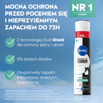 NIVEA Black & White Fresh antyperspirant spray 250 ml, XXL, 72h ochrony, 0% białych śladów, na tle nieba.
