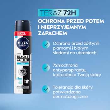 Antyperspirant NIVEA MEN Black & White Fresh 72h spray 250 ml, czarno-białe opakowanie, widok z przodu.