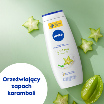 Biały żel pod prysznic NIVEA Star Fruit & Monoi Oil z karambolą, otoczony świeżymi kawałkami owocu.