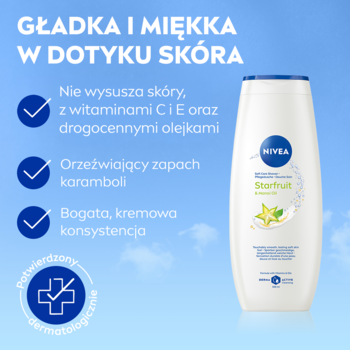 Żel pod prysznic NIVEA Starfruit w białej butelce, z witaminami C i E, świeży zapach karamboli. Widok z przodu.