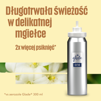 Srebrny Glade ONE odświeżacz, metalowa butelka. Długotrwała świeżość, 2x więcej psiknięć. Kwiatowe tło.