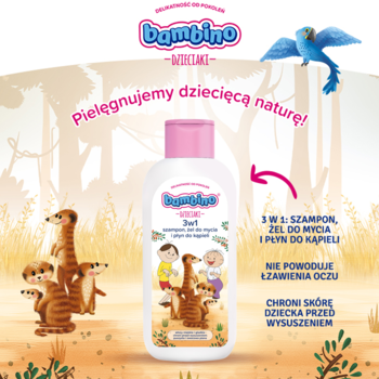 Bambino Dzieciaki 3w1 szampon, żel, płyn do kąpieli, biała butelka z surykatkami, przód, bez łzawienia oczu.