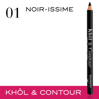 Czarna kredka Bourjois Khôl & Contour 01 Noir-Issime, pionowo na białym tle, z różowym bannerem.