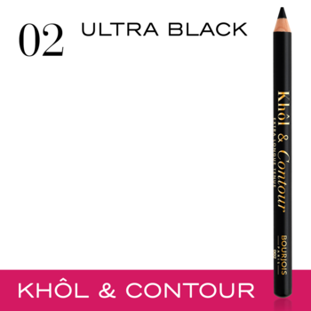 Kredka Bourjois Khôl & Contour 02 Ultra Black, czarna ze złotym tekstem, zaostrzona końcówka, widok z przodu.