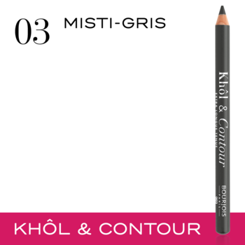 Bourjois Khôl & Contour, szara kredka do oczu Misti-Gris, widok z przodu, stojąca pionowo na białym tle.