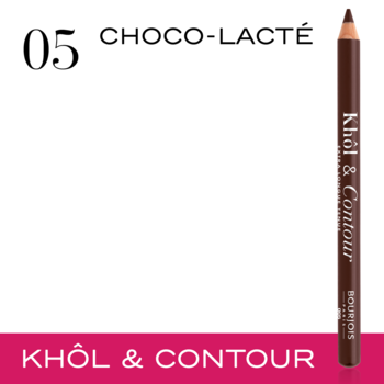 Brązowa kredka do oczu Bourjois Khôl & Contour 05 Choco-Lacté, pionowo na białym tle, widoczna nazwa.